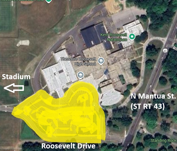 An overhead map view shows Roosevelt High School with a yellow-shaded zone over the south parking lot and Roosevelt Drive.